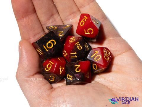 Vampiric Touch | Red, Maroon & Blue, Glitter, Layered, Gold Ink | Acrylic Polyhedral Dice (7)