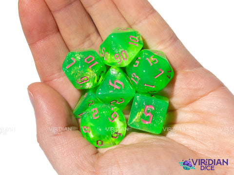 Radioactive | Green and Purple with Glitter Gothic Font Acrylic Dice Set (7) | Dungeons and Dragons (DnD)