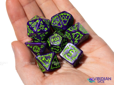 Blue Spooky Scary | Green Ink, Dark Blue Pearl | Acrylic Polyhedral Dice (7)