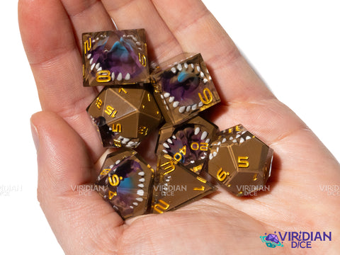 Mars Colony (Space Horror) | Brown, Purple & Blue, Sharp-Edged, Tongue, Mimic Teeth/Mouth | Resin Dice Set (7)