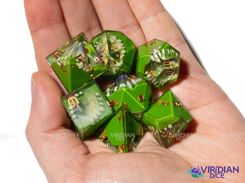 The Forest Is Alive (Space Horror) | Green & Tan, Sharp-Edged, Tongue, Mimic Teeth/Mouth | Resin Dice Set (7)