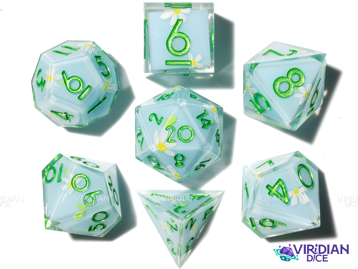 Sunny Field | Sky Blue, White & Yellow Flowers | Resin Polyhedral Dice (7)
