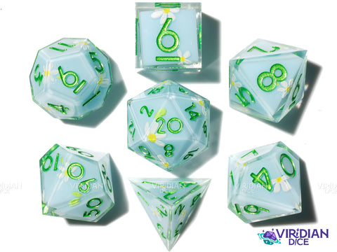 Sunny Field | Sky Blue, White & Yellow Flowers | Resin Polyhedral Dice (7)