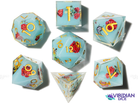 Summer Gardens (B-Grade) | Sky Blue, Flowers, Butterflies | Sharp Resin Polyhedral Dice (7)
