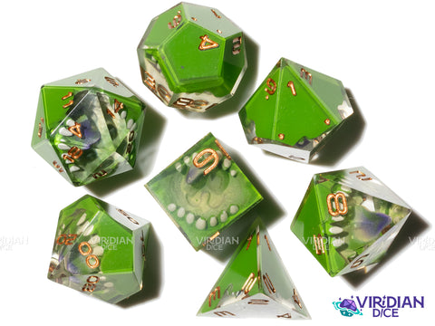 The Forest Is Alive (Space Horror) | Green & Tan, Sharp-Edged, Tongue, Mimic Teeth/Mouth | Resin Dice Set (7)