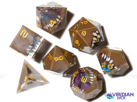 Mars Colony (Space Horror) | Brown, Purple & Blue, Sharp-Edged, Tongue, Mimic Teeth/Mouth | Resin Dice Set (7)