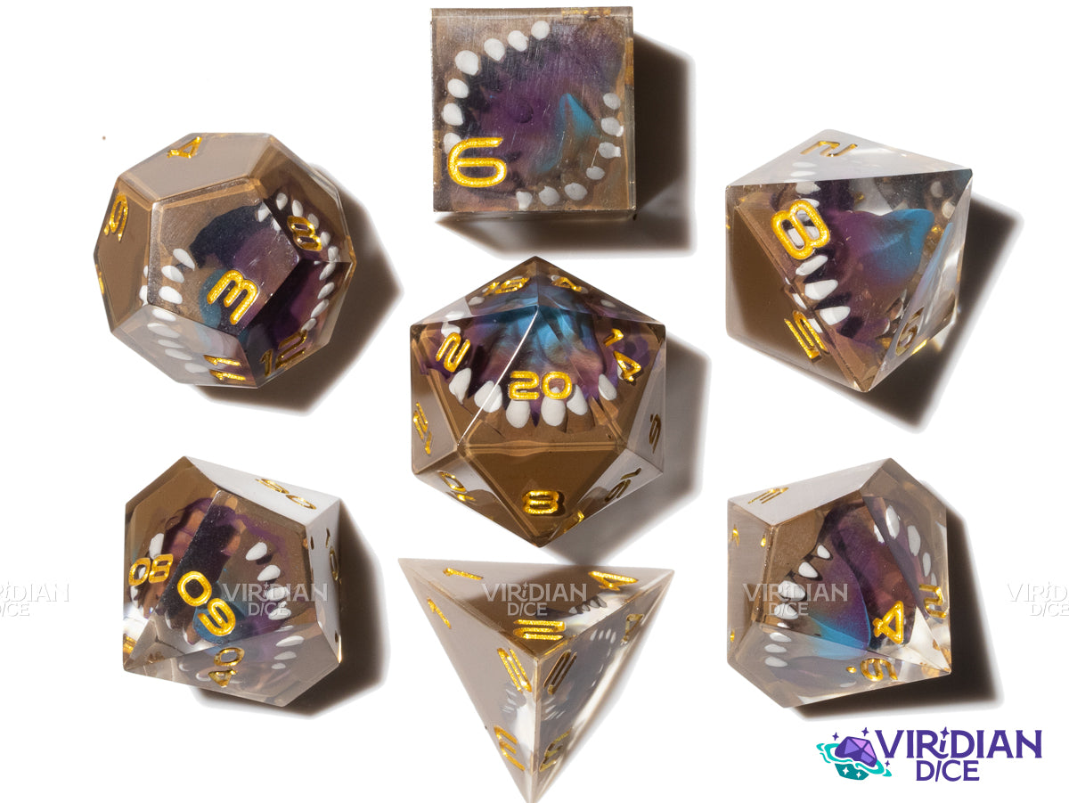 Mars Colony (Space Horror) | Brown, Purple & Blue, Sharp-Edged, Tongue, Mimic Teeth/Mouth | Resin Dice Set (7)