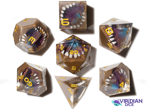 Mars Colony (Space Horror) | Brown, Purple & Blue, Sharp-Edged, Tongue, Mimic Teeth/Mouth | Resin Dice Set (7)