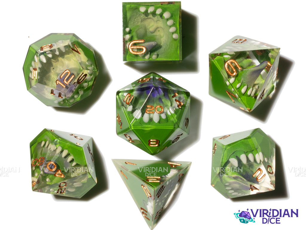 The Forest Is Alive (Space Horror) | Green & Tan, Sharp-Edged, Tongue, Mimic Teeth/Mouth | Resin Dice Set (7)