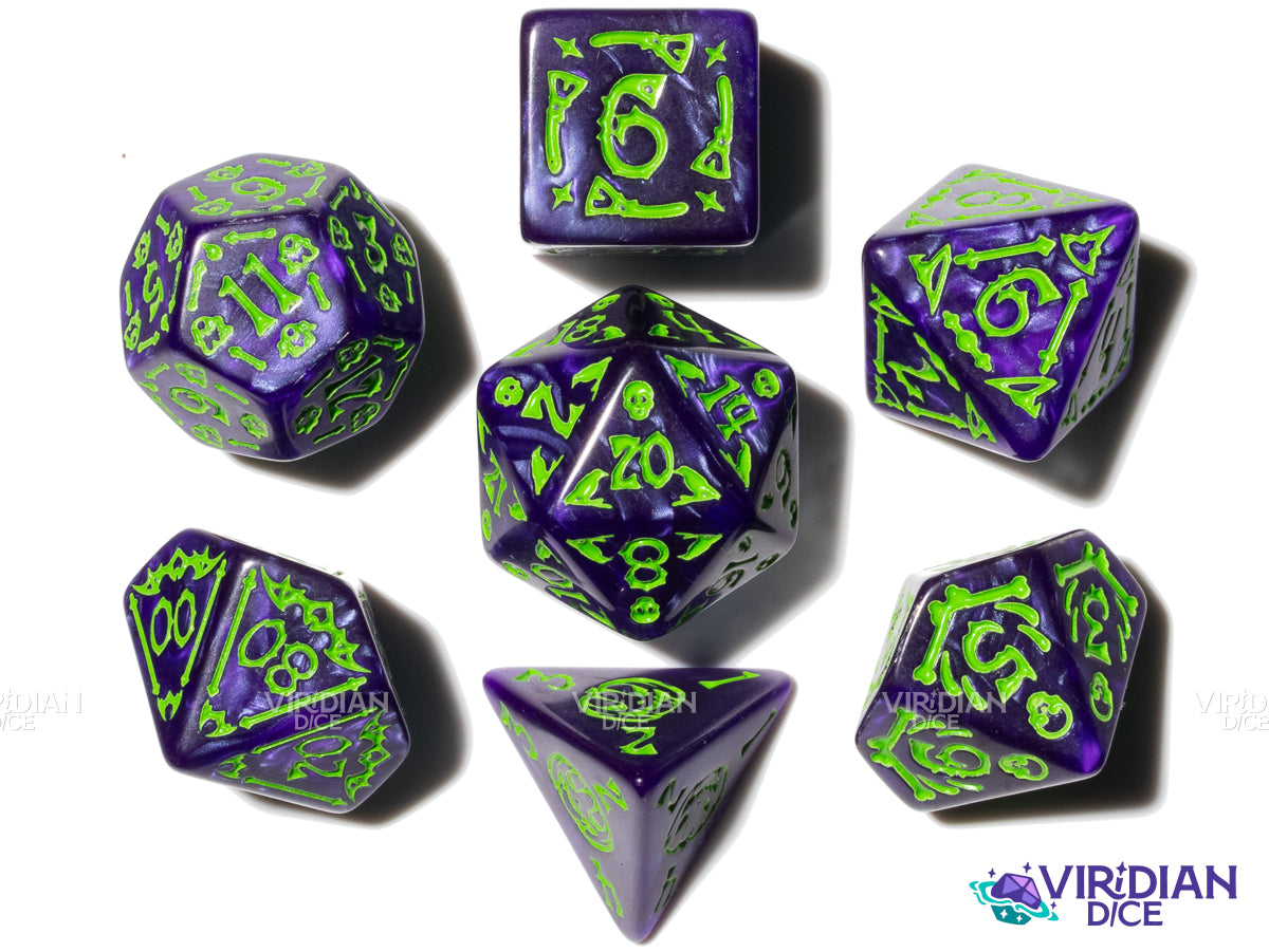Blue Spooky Scary | Green Ink, Dark Blue Pearl | Acrylic Polyhedral Dice (7)