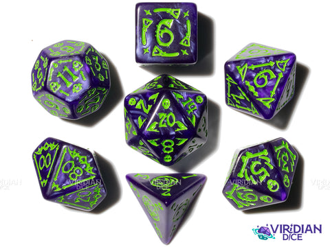 Blue Spooky Scary | Green Ink, Dark Blue Pearl | Acrylic Polyhedral Dice (7)