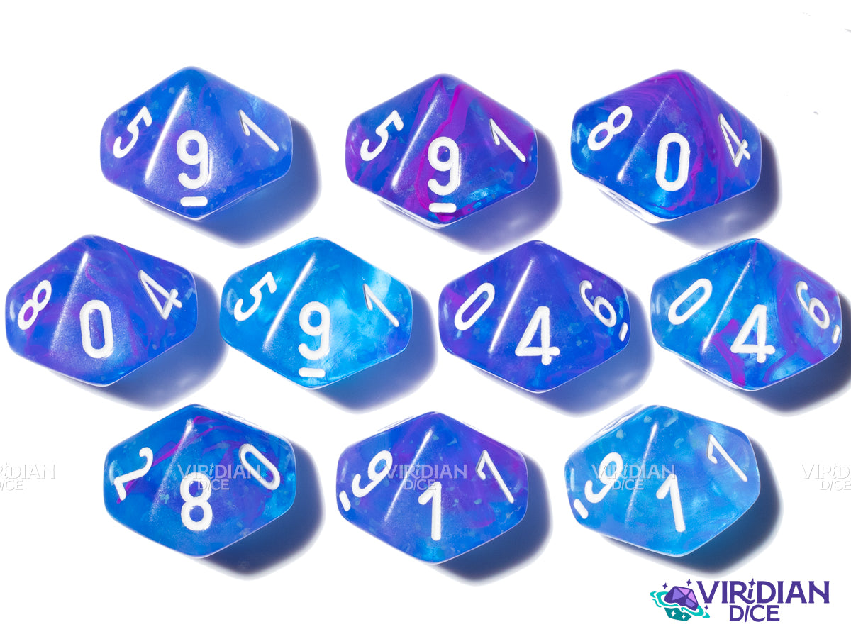 Nebula Aura Luminary (10) D10 Set | Translucent Blue, Purple, Pink Swirls, White Ink | Acrylic D10 Set (10) | Chessex