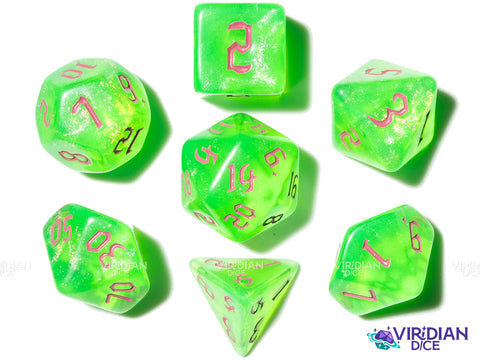 Radioactive | Green and Purple with Glitter Gothic Font Acrylic Dice Set (7) | Dungeons and Dragons (DnD)