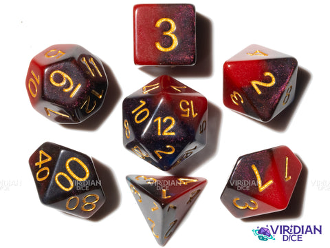 Vampiric Touch | Red, Maroon & Blue, Glitter, Layered, Gold Ink | Acrylic Polyhedral Dice (7)