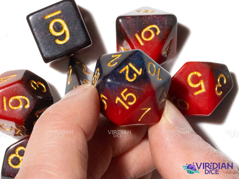Vampiric Touch | Red, Maroon & Blue, Glitter, Layered, Gold Ink | Acrylic Polyhedral Dice (7)