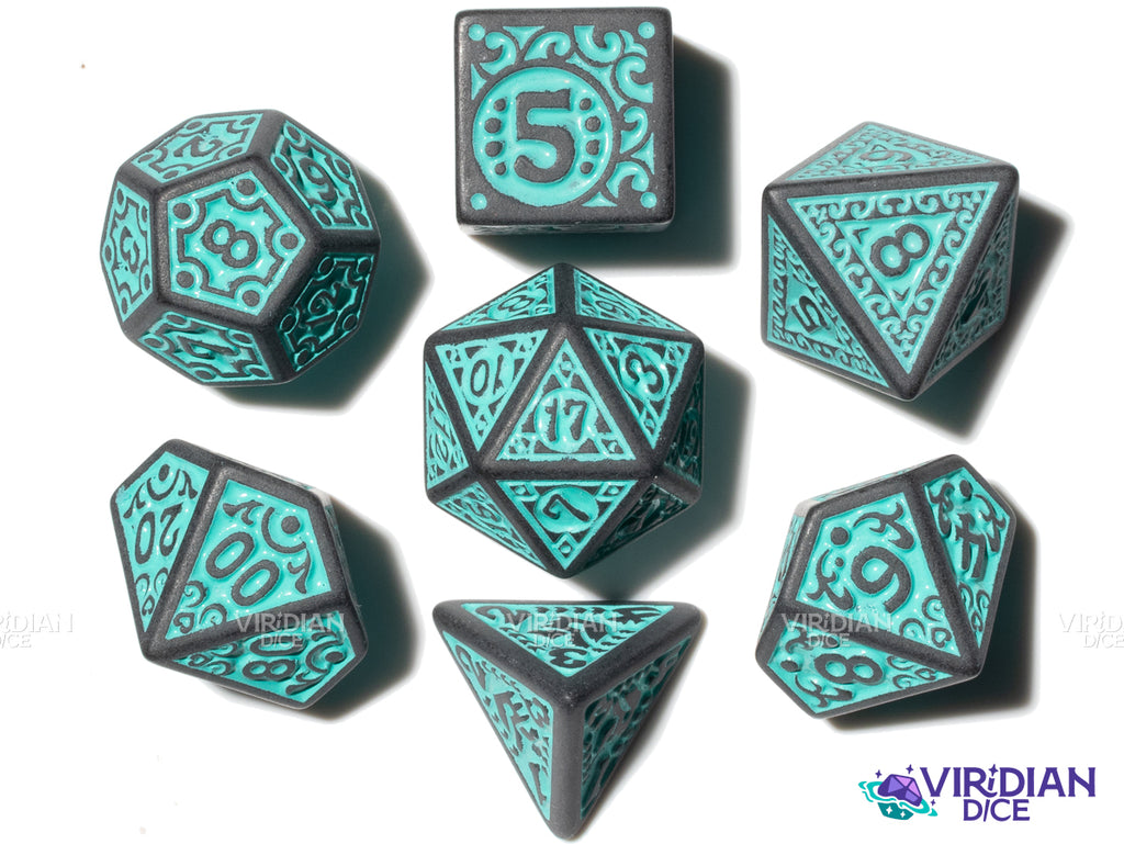 Teal Flame V2 | Matte Dark Grey and Turquoise Ornate Design | Acrylic Dice Set (7)