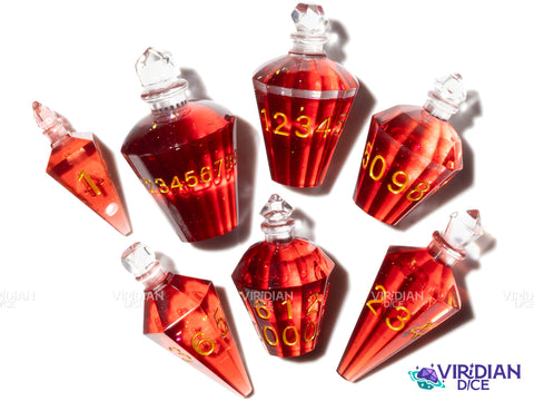 Potion Bottle (Red and Gold) |  Healing, Crystal-Shaped | Resin Polyhedral Dice (7)