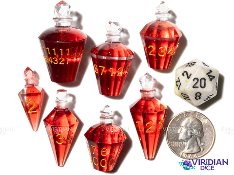 Potion Bottle (Red and Gold) |  Healing, Crystal-Shaped | Resin Polyhedral Dice (7)