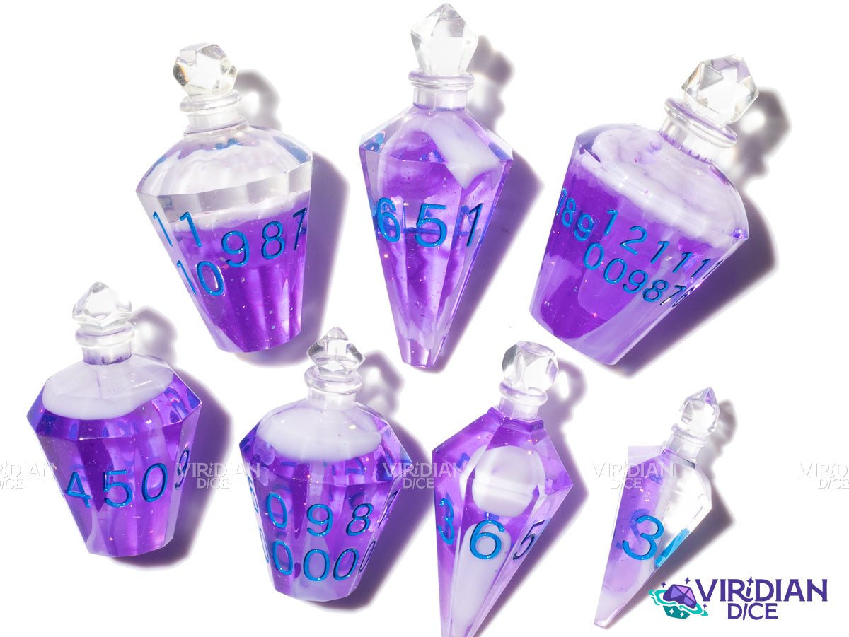 Potion Bottle (Purple and Blue) |  Healing, Crystal-Shaped | Resin Polyhedral Dice (7)