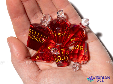 Potion Bottle (Red and Gold) |  Healing, Crystal-Shaped | Resin Polyhedral Dice (7)