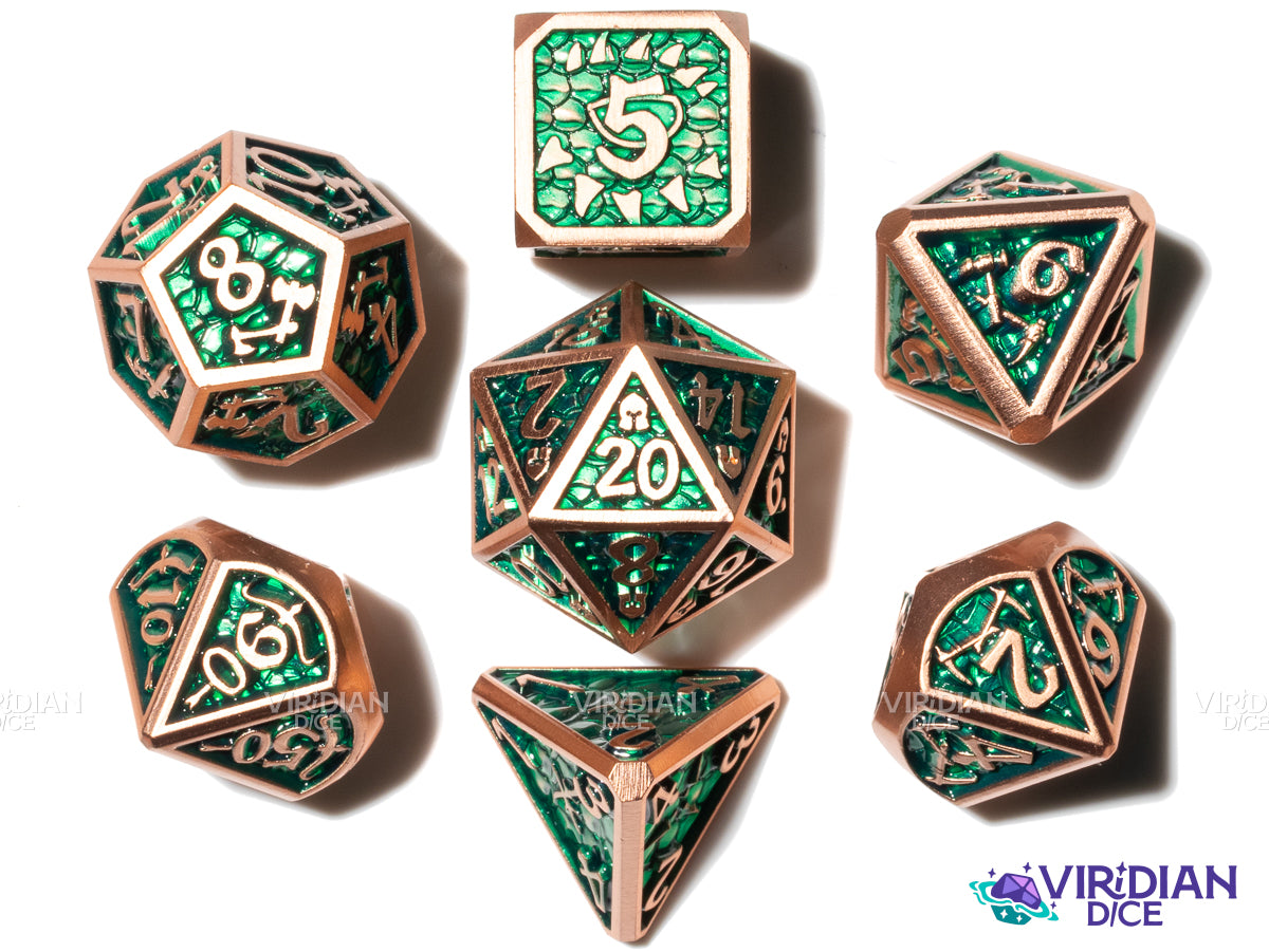 Monster Slayer (Green & Gold) | Hunter's Mark, Bow, Sword, Axe, Monster Teeth | Metal Polyhedral Dice (7)