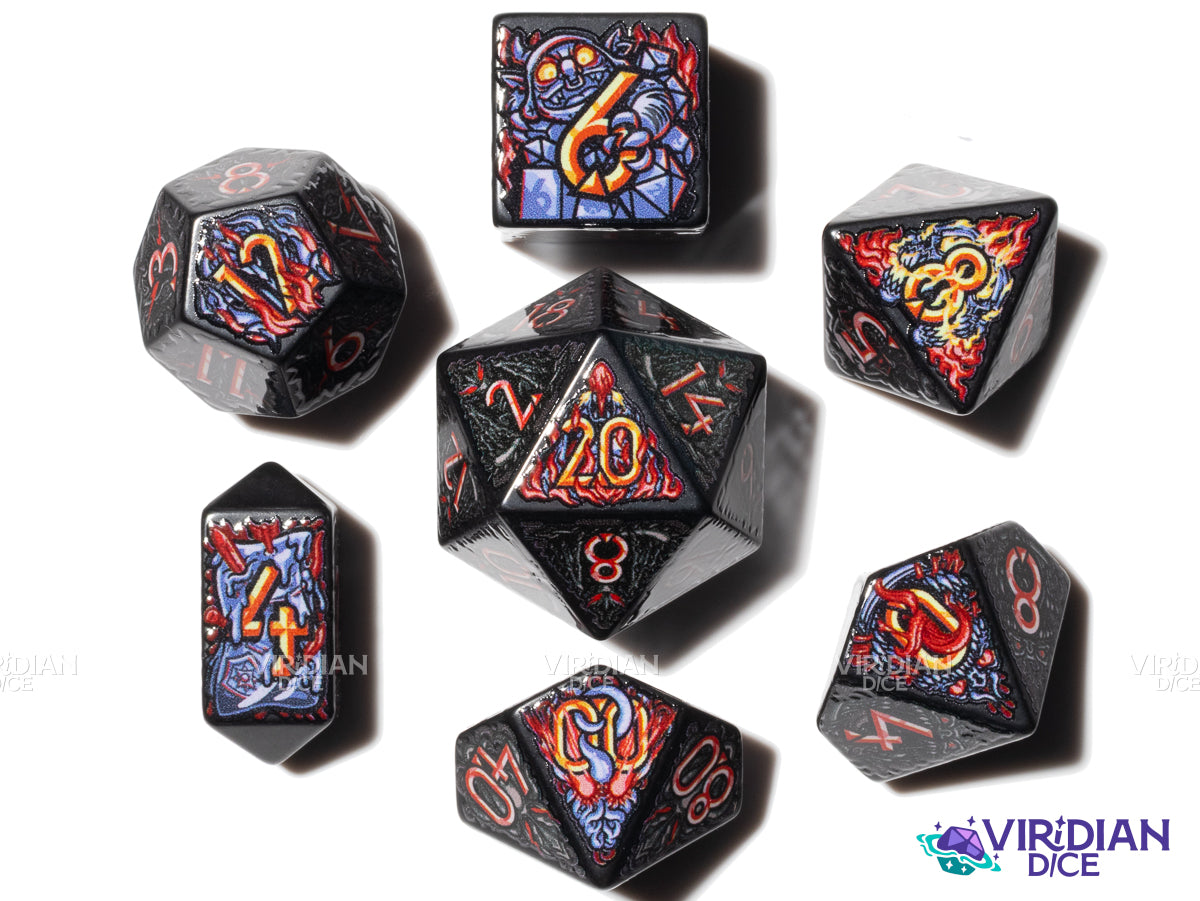 Dark Deities | Full-Color Full-Print, Demonic Forces, Blood, Fire | Botch | Acrylic Dice Set (7)