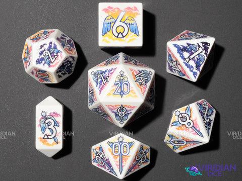 Celestial Dawn | Full-Color Full-Print, Angels, Clerics, Paladins, Winged Warriors | Botch | Acrylic Dice Set (7)