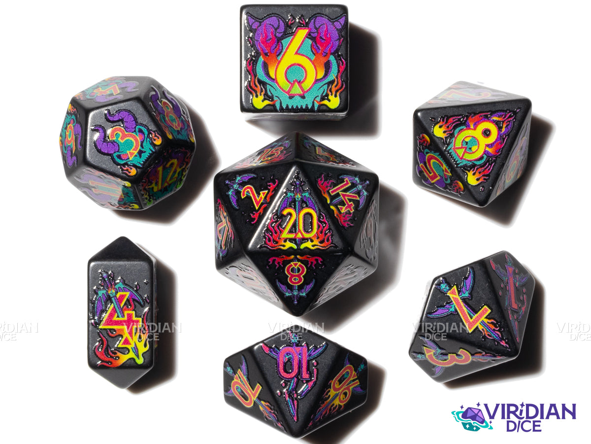 Infernal Might | Full-Color Full-Print, Horned Skulls, Flaming Swords, Underworld | Botch | Acrylic Dice Set (7)