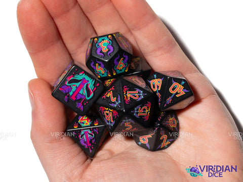 Infernal Might | Full-Color Full-Print, Horned Skulls, Flaming Swords, Underworld | Botch | Acrylic Dice Set (7)