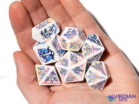 Celestial Dawn | Full-Color Full-Print, Angels, Clerics, Paladins, Winged Warriors | Botch | Acrylic Dice Set (7)