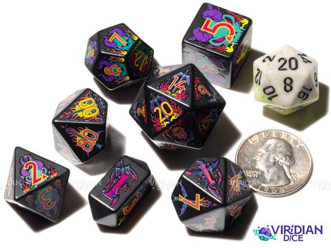 Infernal Might | Full-Color Full-Print, Horned Skulls, Flaming Swords, Underworld | Botch | Acrylic Dice Set (7)