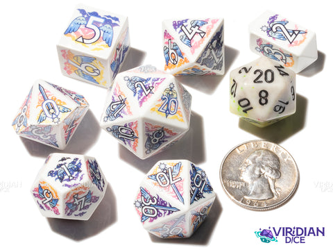 Celestial Dawn | Full-Color Full-Print, Angels, Clerics, Paladins, Winged Warriors | Botch | Acrylic Dice Set (7)