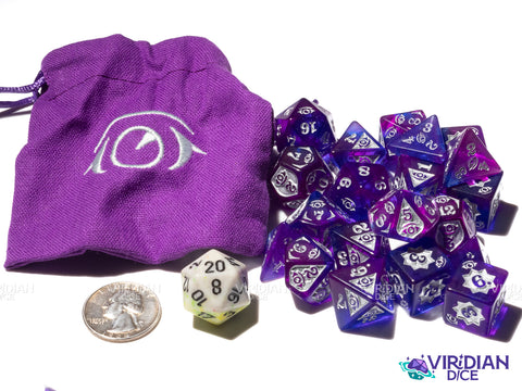 Psychic Damage Set | Blue & Purple, Silver Ink | Acrylic Polyhedral Dice (20 + Bag)