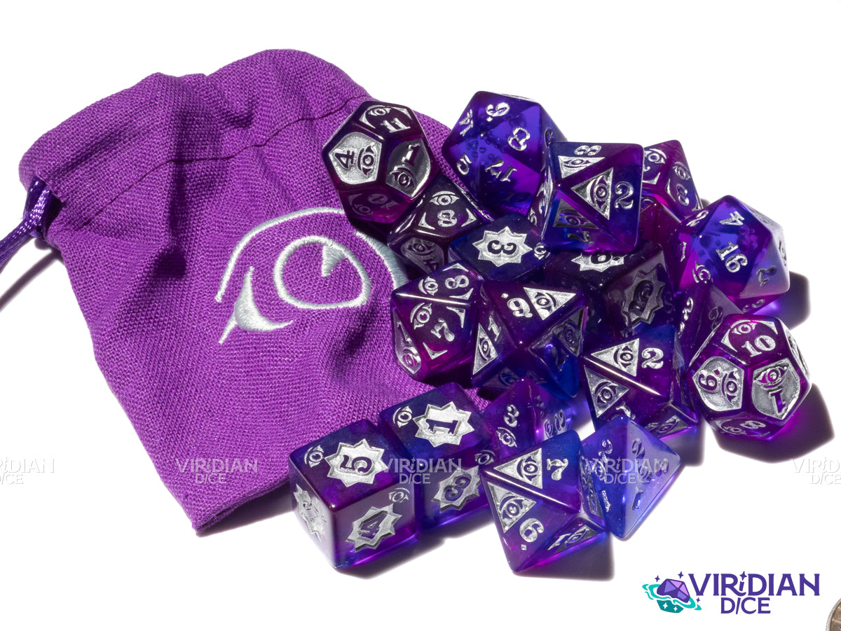 Psychic Damage Set | Blue & Purple, Silver Ink | Acrylic Polyhedral Dice (20 + Bag)