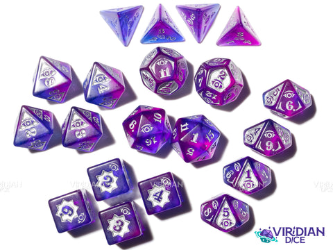 Psychic Damage Set | Blue & Purple, Silver Ink | Acrylic Polyhedral Dice (20 + Bag)