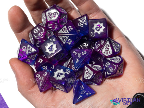 Psychic Damage Set | Blue & Purple, Silver Ink | Acrylic Polyhedral Dice (20 + Bag)