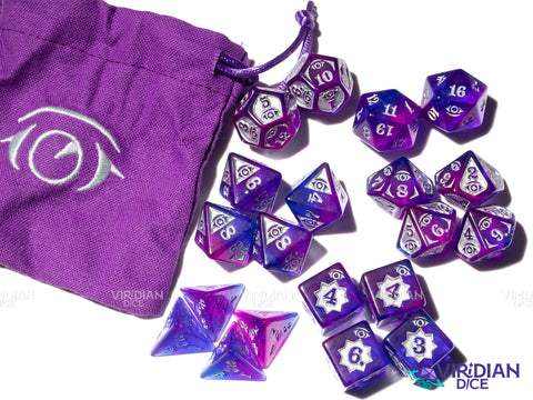 Psychic Damage Set | Blue & Purple, Silver Ink | Acrylic Polyhedral Dice (20 + Bag)