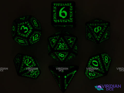 Runic Black & Glow White | Glow-In-The-Dark, Matte | Acrylic Polyhedral Dice Set (7)