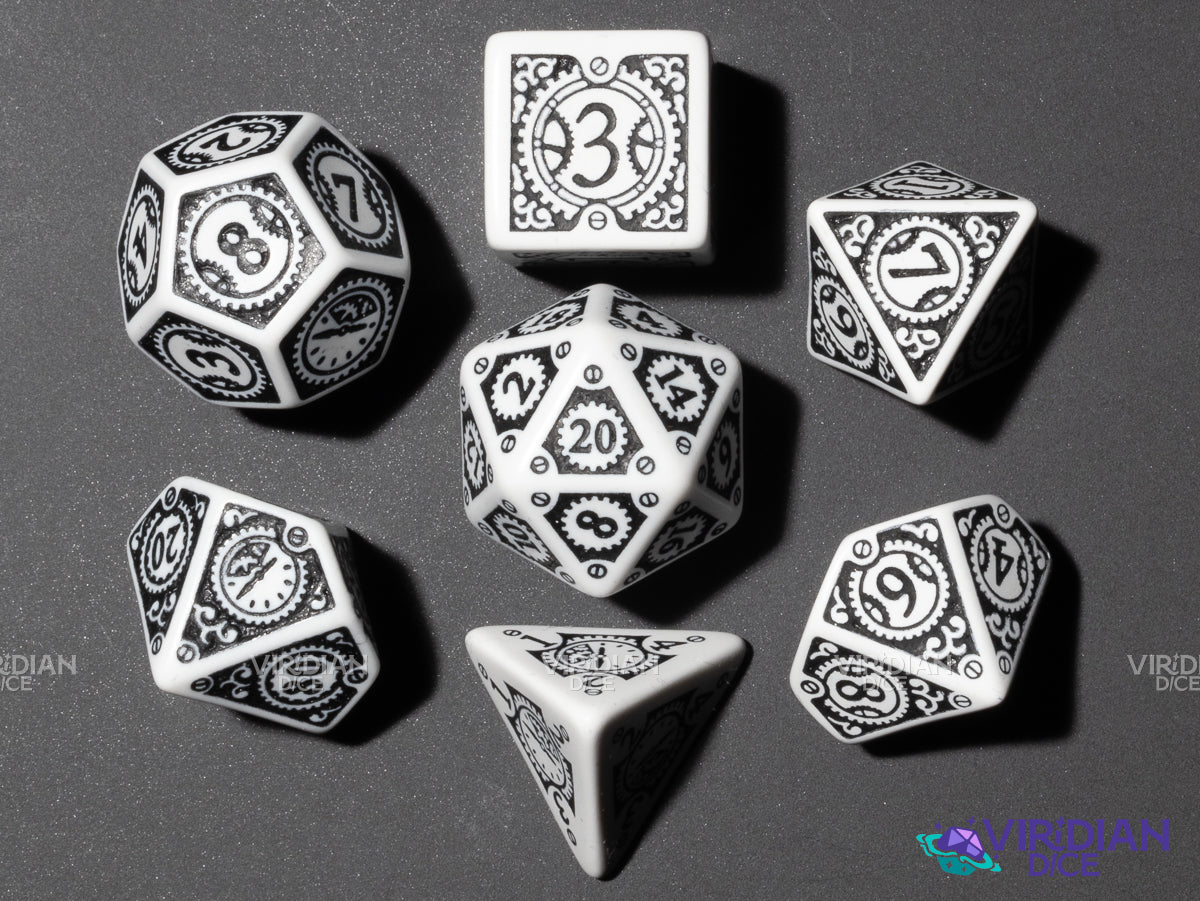 Steampunk Clockwork | White & Black | Q Workshop | Acrylic Dice Set (7)