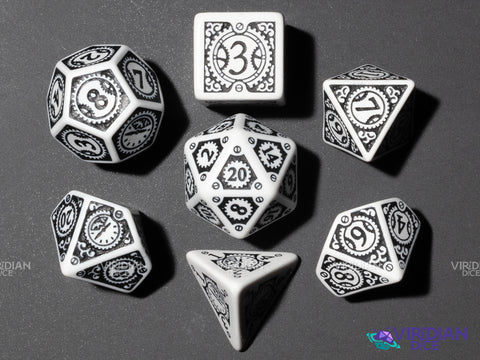 Steampunk Clockwork | White & Black | Q Workshop | Acrylic Dice Set (7)