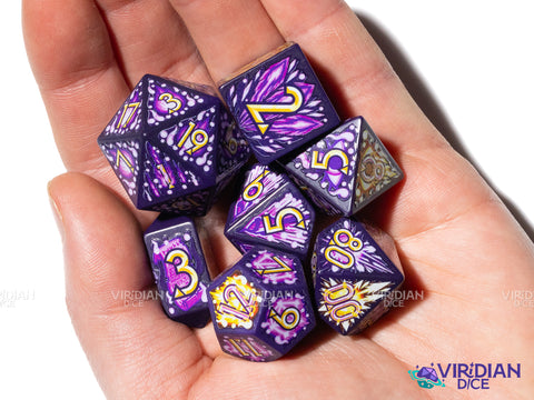 Arcane Assault | Full-Color Full-Print, Magic Missiles, Eldritch Blast Holy, Purple Bolts | Botch | Acrylic Dice Set (7)