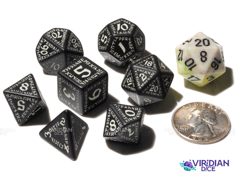 Runic Black & Glow White | Glow-In-The-Dark, Matte | Acrylic Polyhedral Dice Set (7)