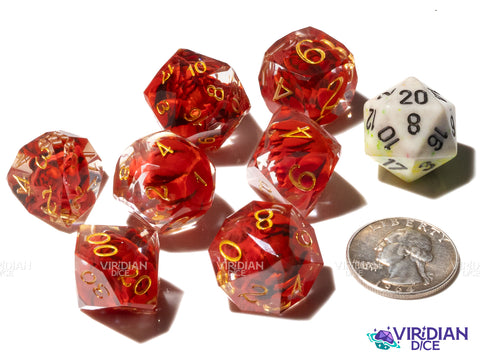 Red Lotus | Red Flowers, Clear | Resin Polyhedral Dice (7)