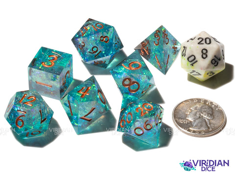 Turquoise Slash | Holographic Film, Teal, Sparkly, Sharp-Edged | Resin Polyhedral Dice (7)