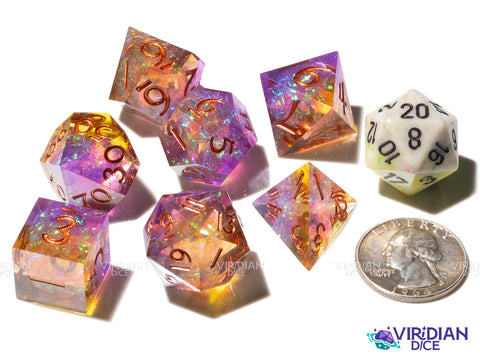 Radiant Hex | Purple, Orange and Gold, Holographic Film, Sharp-Edged | Resin Polyhedral Dice (7)
