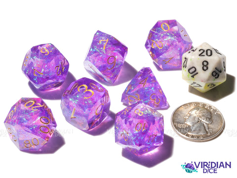 Gemcut Purple & Gold Set | Shiny, Sparkly, Glittery, Holographic, Faceted | Resin Polyhedral Dice (7)
