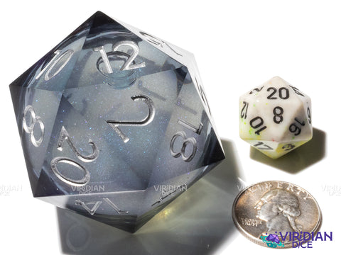 Full Moon Giant D20 (Liquid Core, 50mm) | Black, Clear, Translucent, Silver Ink, Grey-Blue, Sharp-Edged | Giant Resin D20 Die (1)