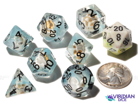 Deadly Mountain Pass | Frozen, Ice, Blue Nebula, Skull/Bone/Skeleton Charm | Resin Polyhedral Dice (7)