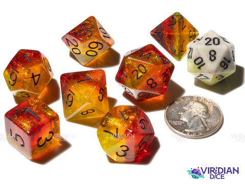 Torchlight | Fire and Flame, Red Orange and Yellow, Glitter | Resin Polyhedral Dice (7)