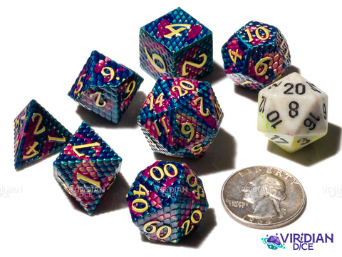 Dragonhide (Purple & Teal) | Scale Dragon Design | Metal Polyhedral Dice (7)